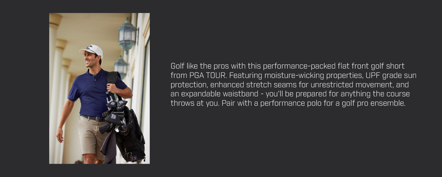 golf like the pros with this performance-packed flat front golf short from pga tour.