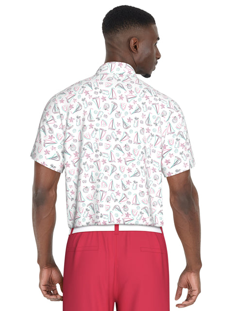 Short Sleeve Stretch Performance Vacation Print Polo  (Bright White) 