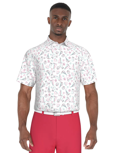Short Sleeve Stretch Performance Vacation Print Polo  (Bright White) 
