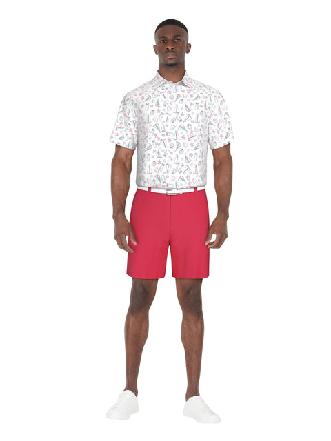 Short Sleeve Stretch Performance Vacation Print Polo  (Bright White) 