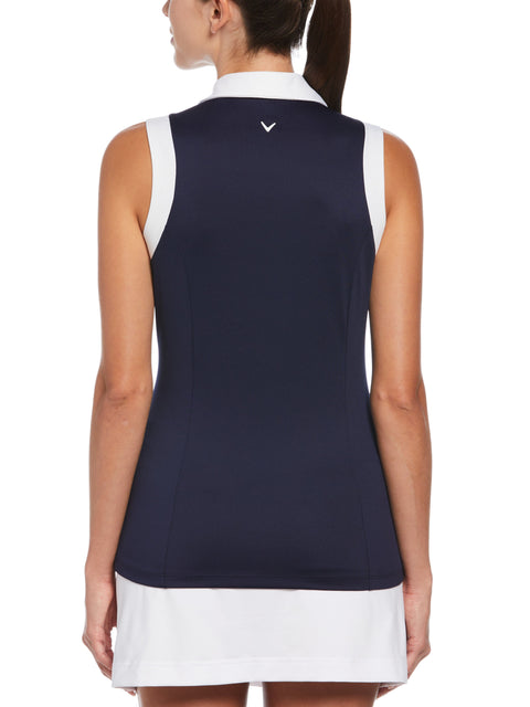 Women's Color Block V-Placket Sleeveless Golf Polo Shirt (Peacoat) 