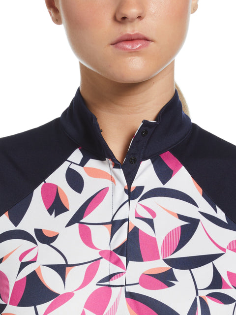 Cutout Floral Print Golf Polo (Bright White) 