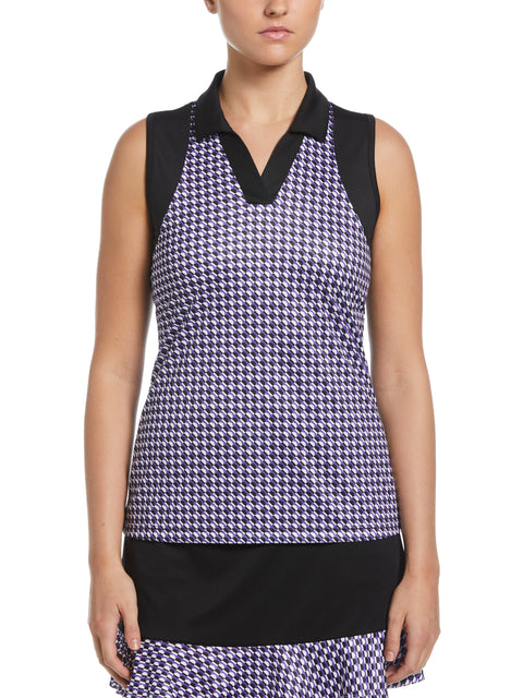 Diagonal Geo Printed Sleeveless Polo W/ Mesh Shoulder Panels  (Caviar) 