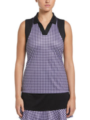 Diagonal Geo Printed Sleeveless Polo W/ Mesh Shoulder Panels  (Caviar) 