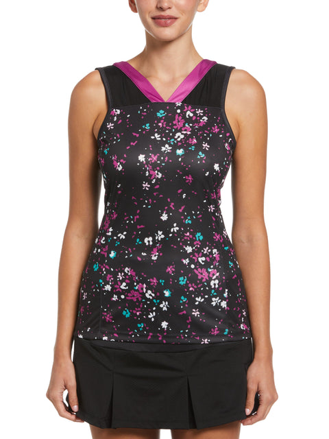 Abstract Floral Printed Tennis Tank Top (Caviar) 